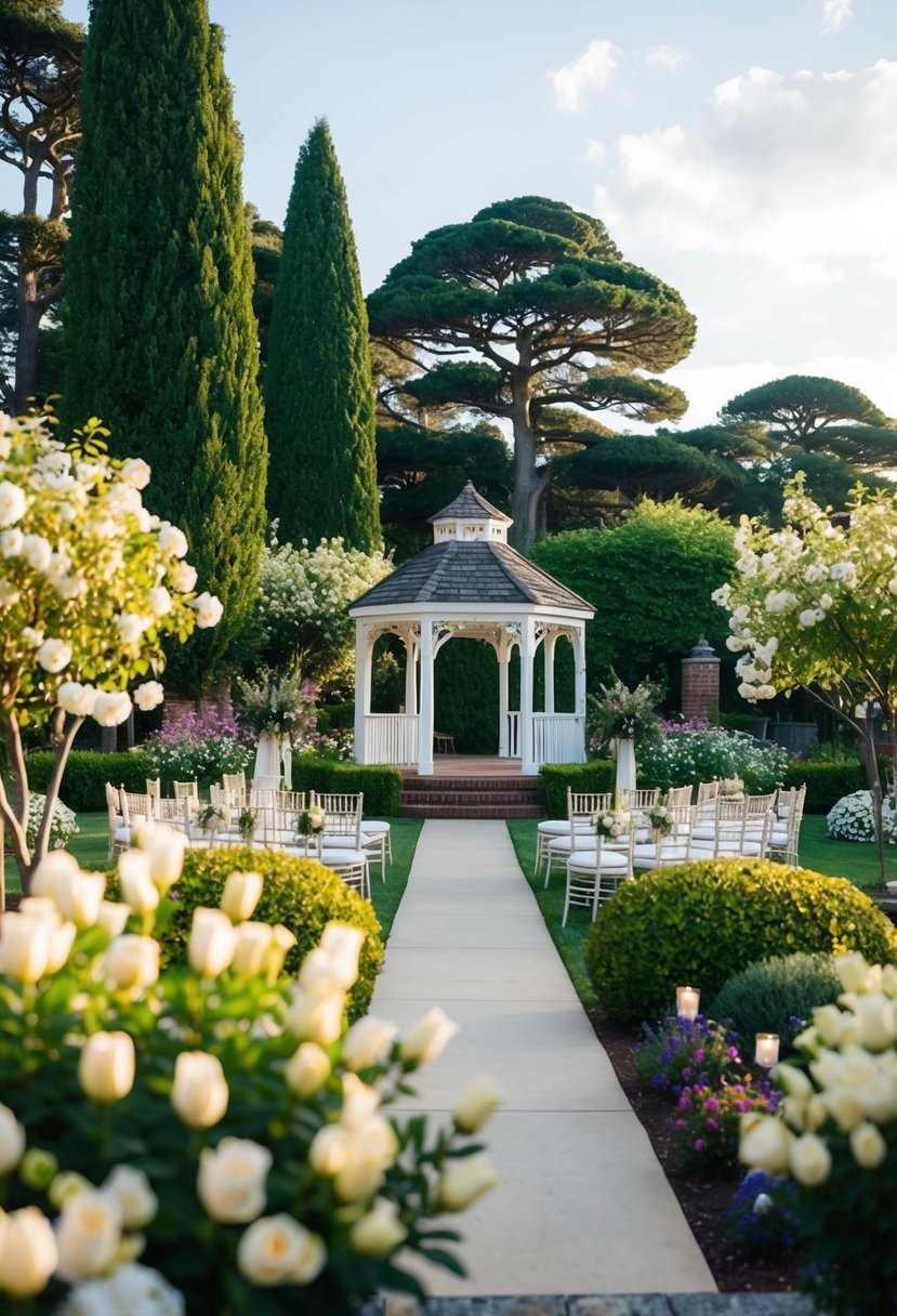 A picturesque outdoor wedding venue nestled among blooming gardens and towering trees, with a charming gazebo and elegant seating arrangements