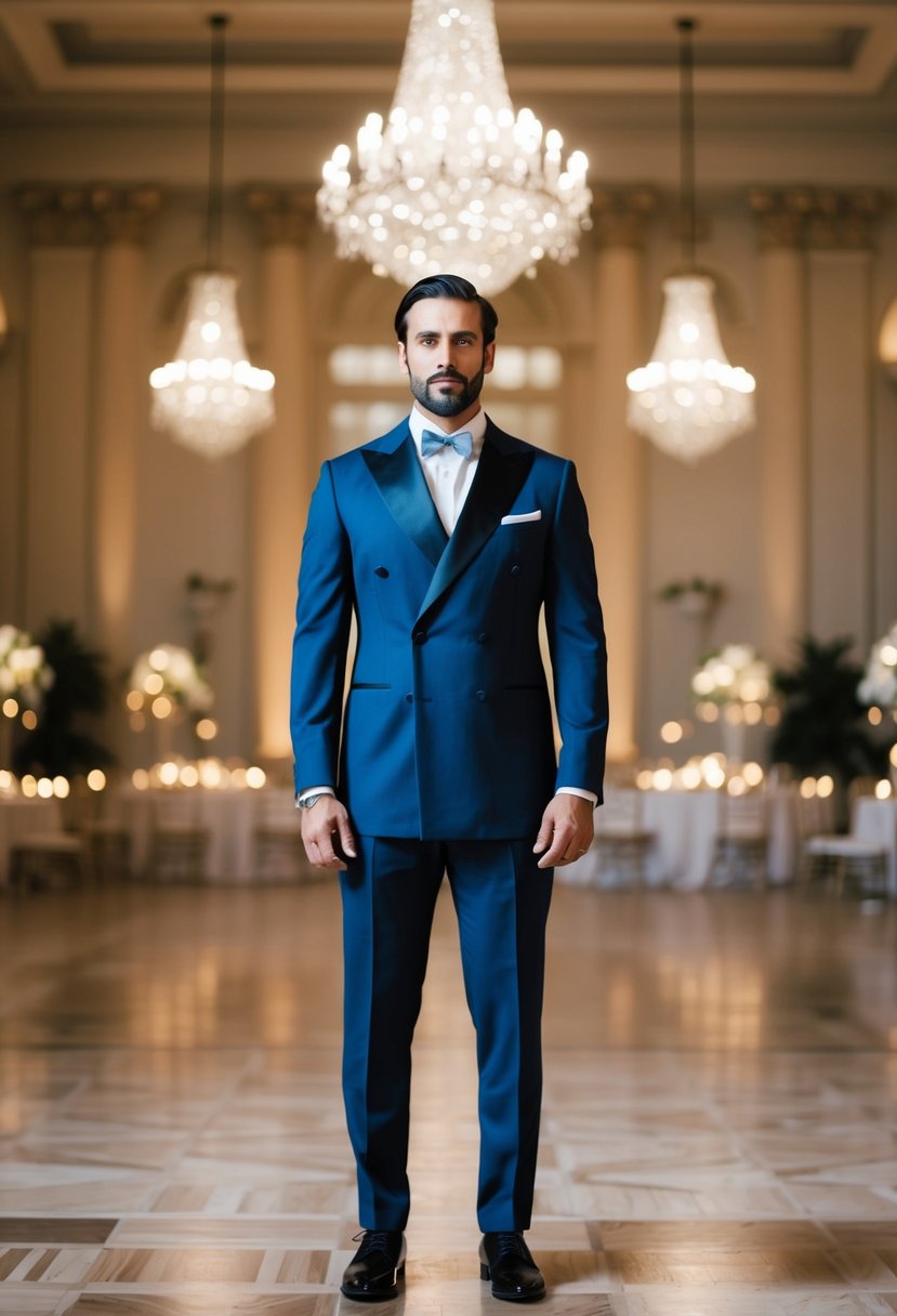 A man in a double-breasted suit stands in a grand ballroom, surrounded by elegant decor and soft lighting