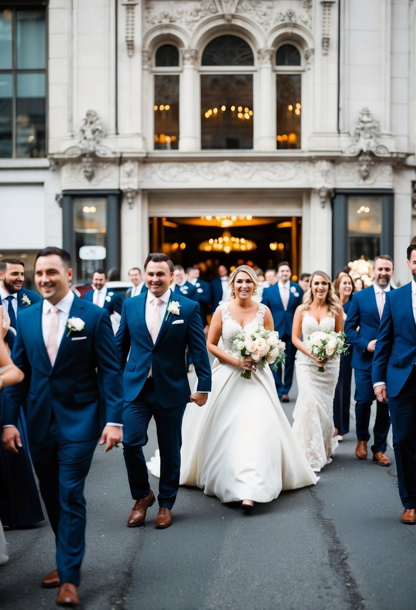 A bustling city street with couples entering a grand wedding venue. A line of excited brides and grooms forms outside the ornate building