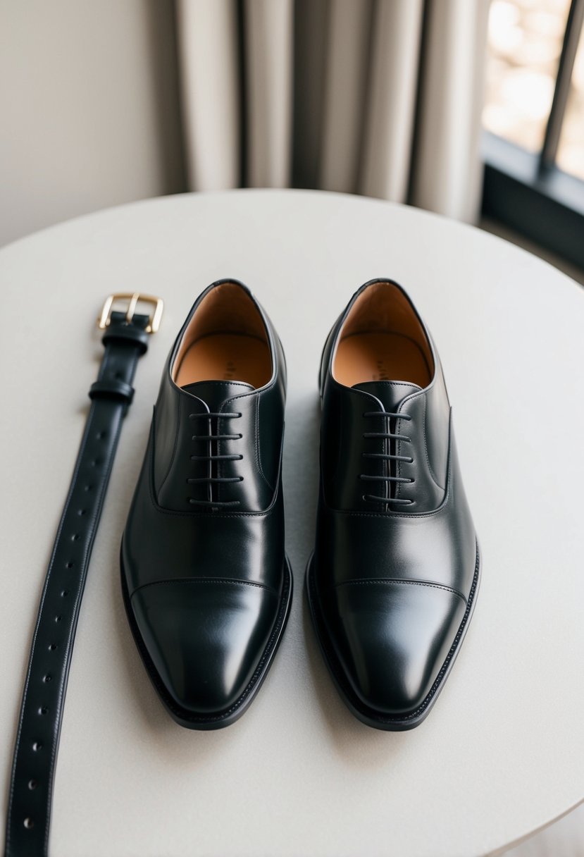 A pair of leather dress shoes and a matching belt laid out side by side on a clean, neutral-colored surface