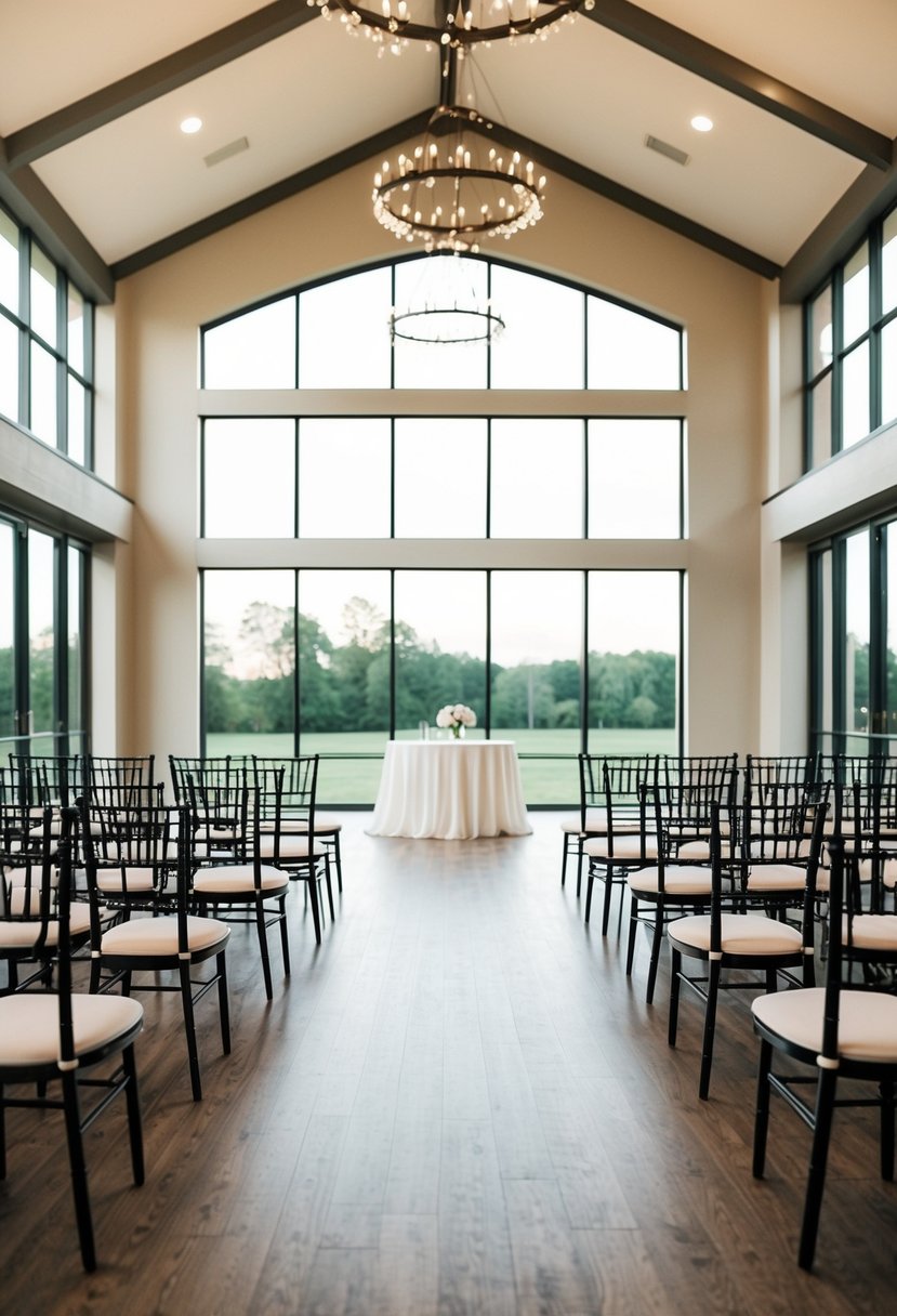 A spacious, empty wedding venue with high ceilings and large windows, ready for customization