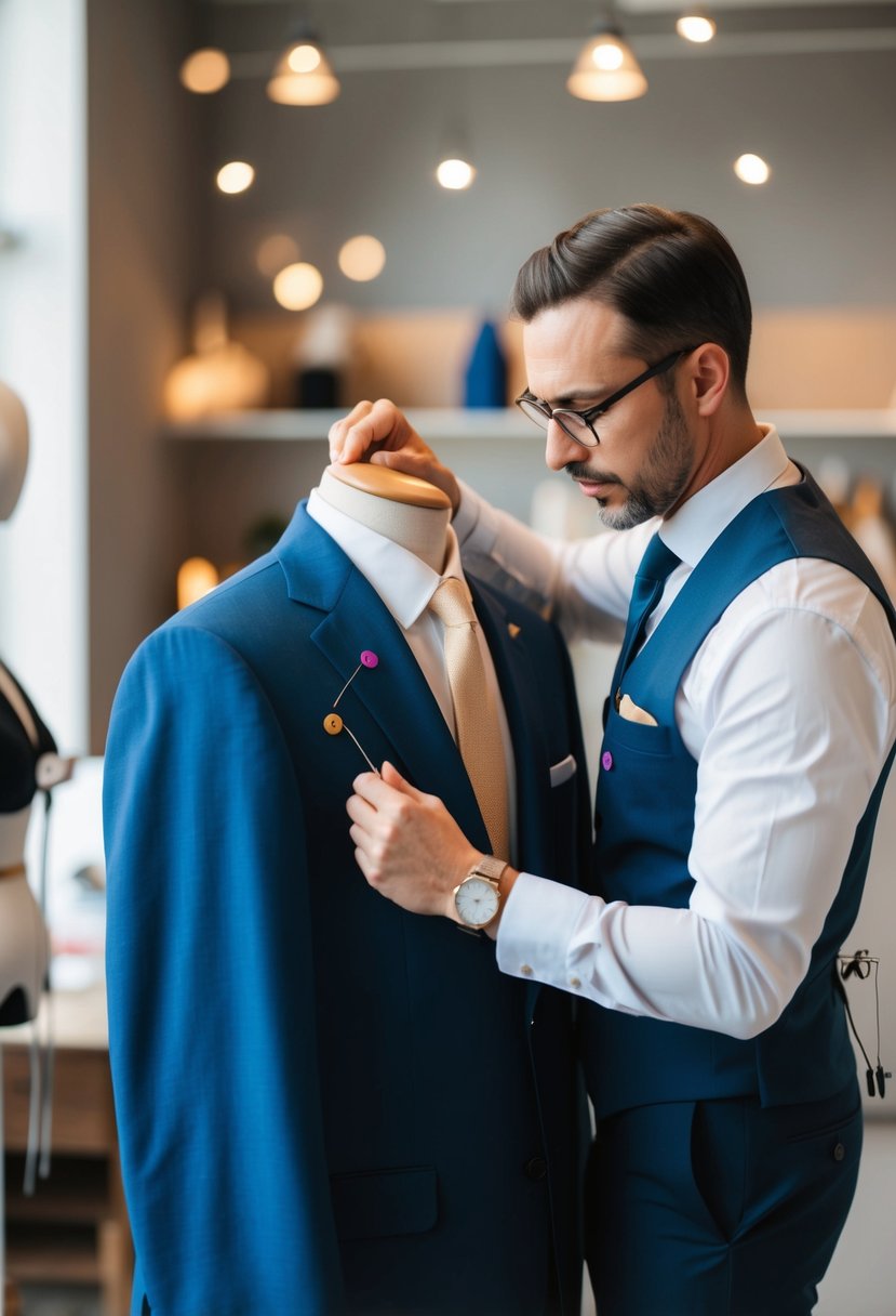 A tailor carefully pinning and adjusting a suit on a mannequin