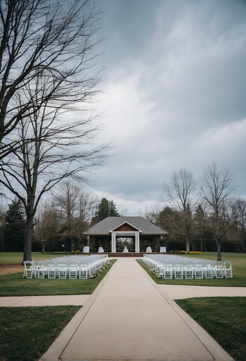 An empty wedding venue in the off-season, with bare trees and a gray sky, hinting at potential savings