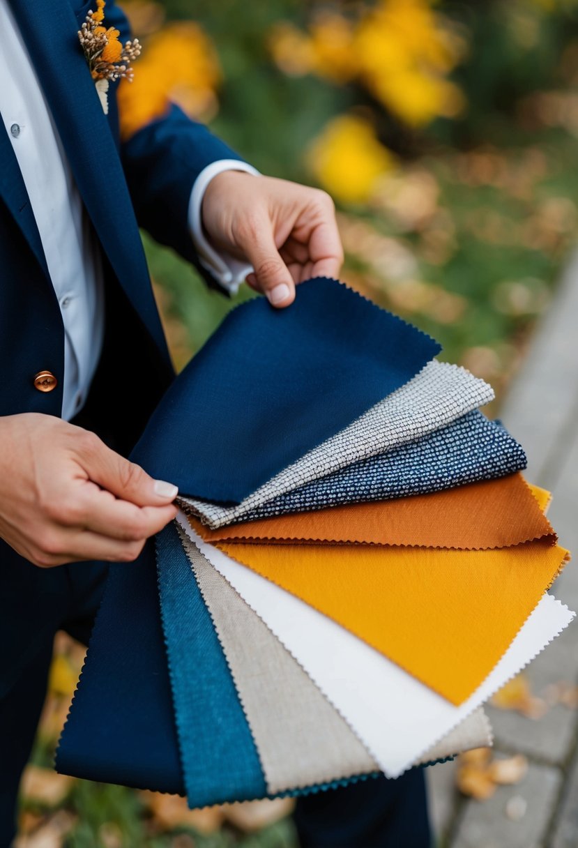 A tailor choosing fabric swatches in autumnal colors for a wedding suit