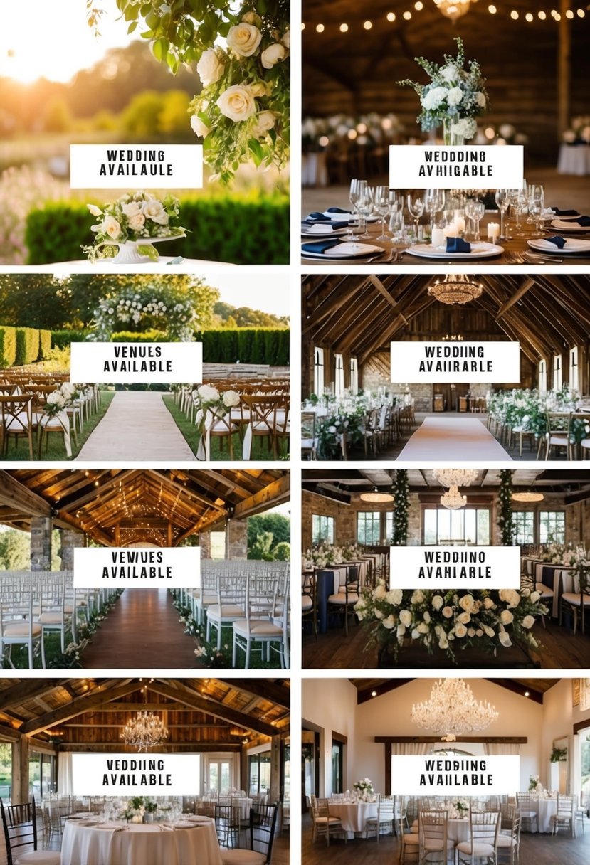 A variety of wedding venues with different dates available, including outdoor gardens, rustic barns, and elegant ballrooms