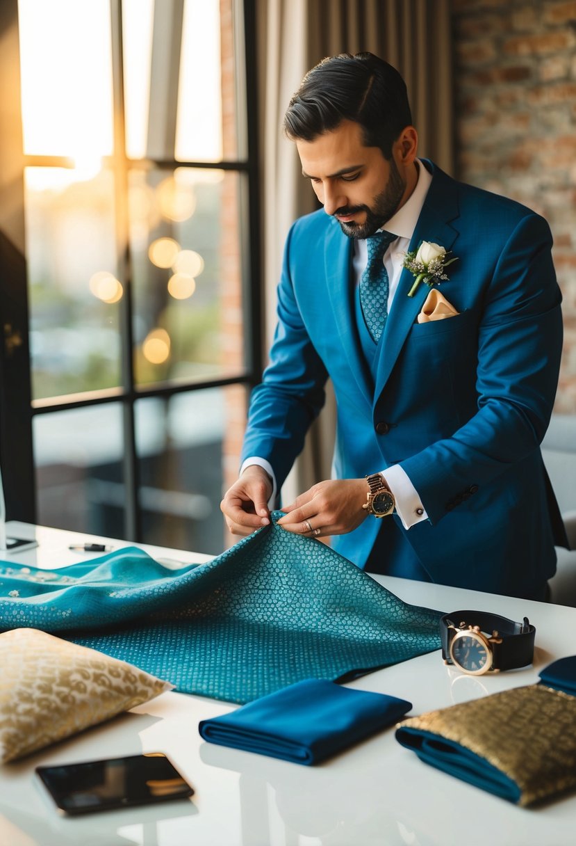 A tailor carefully selects fabric and accessories, reflecting the groom's unique personality and love story