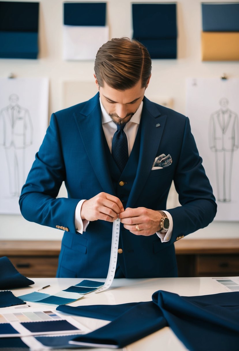 A tailor carefully measures fabric for a bespoke suit, surrounded by swatches and design sketches