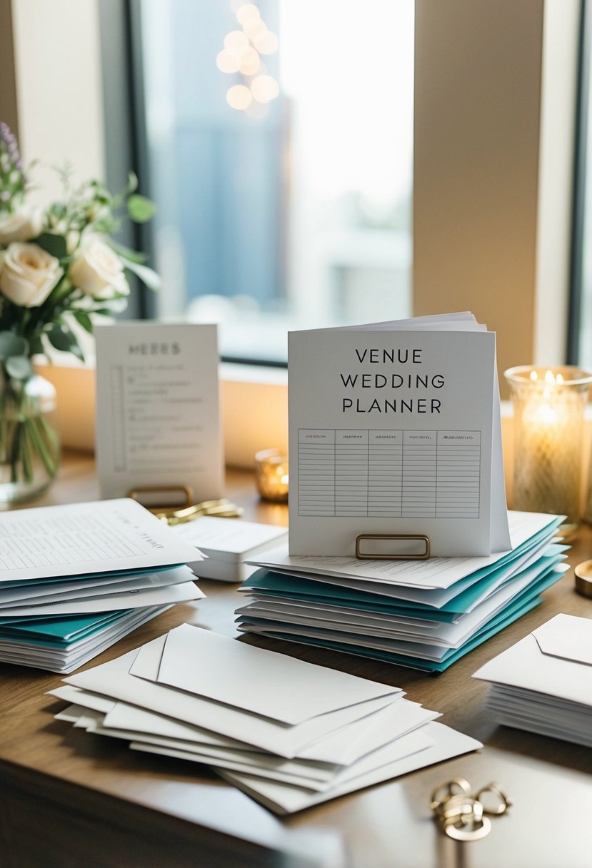 A wedding planner's desk cluttered with venue brochures, checklists, and a stack of tip envelopes