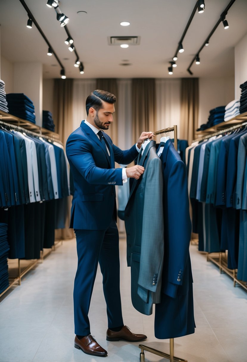 A man carefully examines a variety of suits in a spacious, well-lit boutique, surrounded by racks of neatly organized formal wear