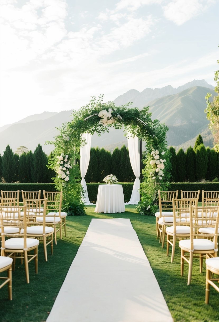 A picturesque outdoor wedding venue with lush greenery, elegant archways, and a stunning view of the mountains in the background