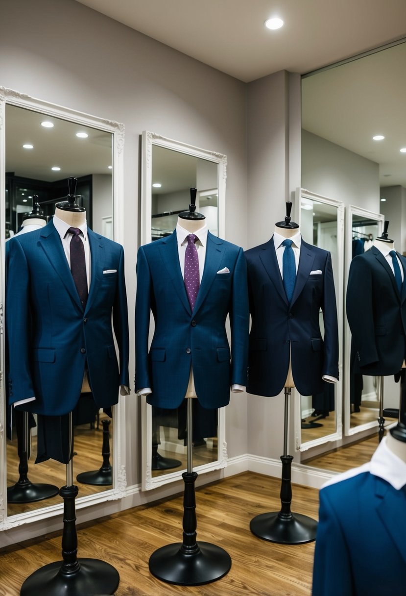 A tailor's shop with different suit styles and cuts displayed on mannequins and racks. Mirrors reflect the array of options