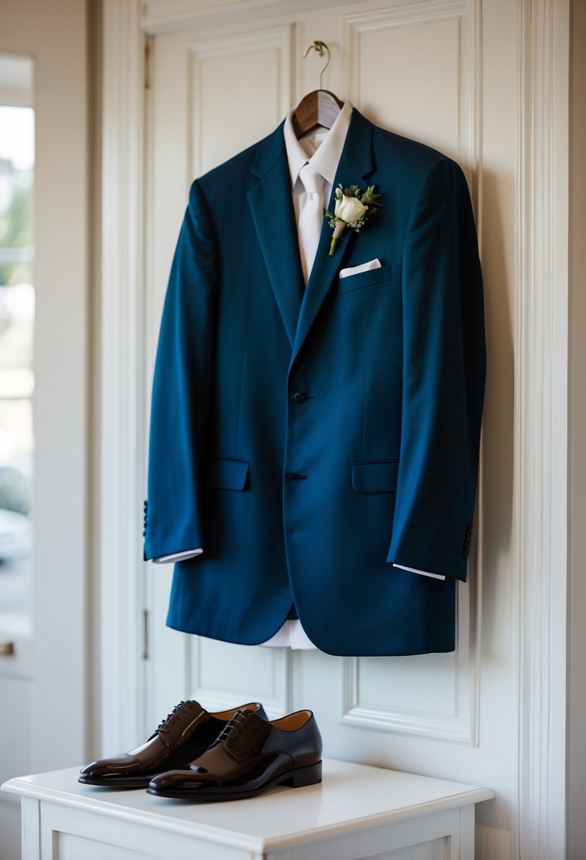 A neatly hung wedding suit with a pair of polished shoes beside it