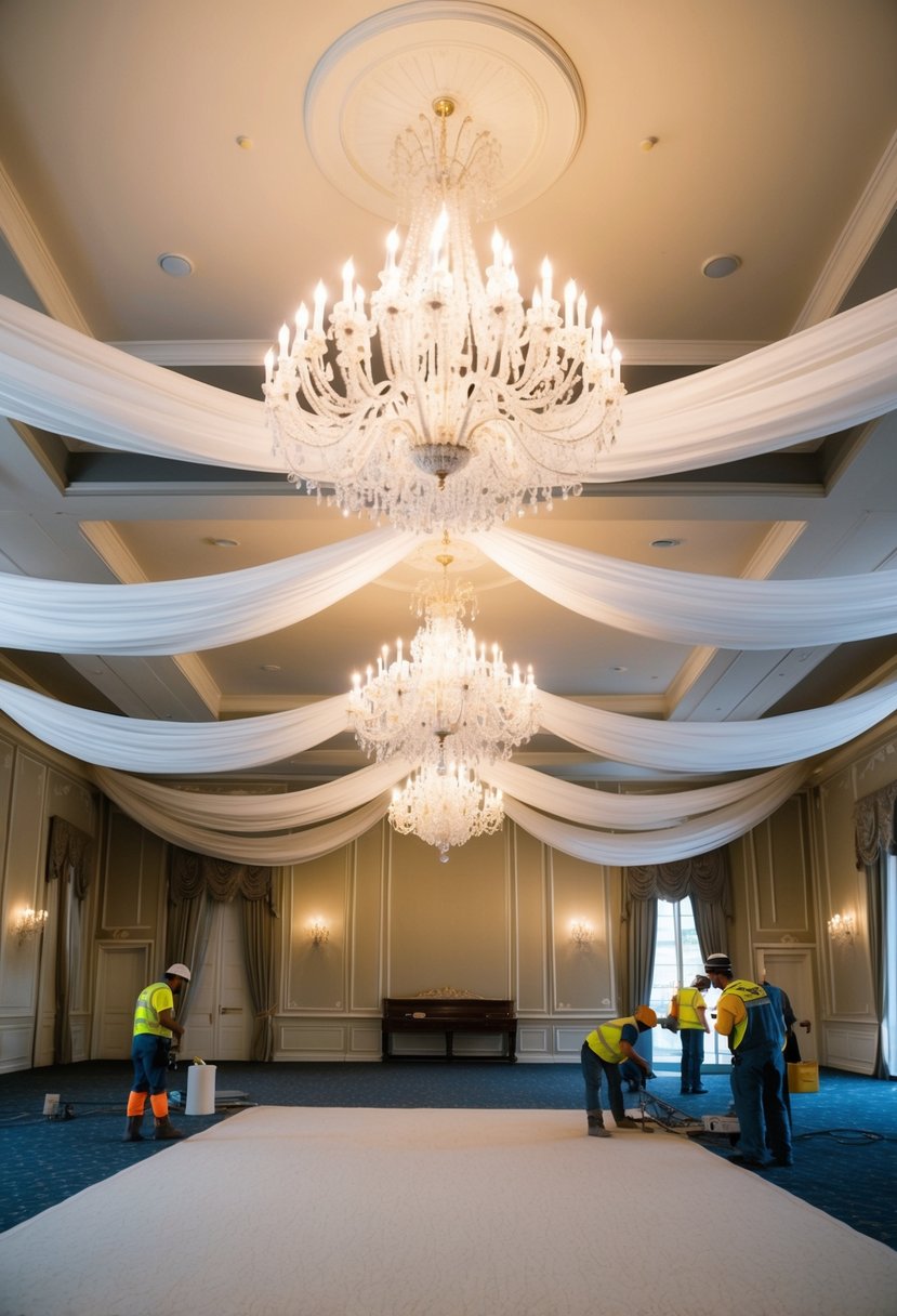 A grand ballroom adorned with chandeliers and draped in white fabric. Workers are painting the walls and laying new carpet for an upcoming wedding