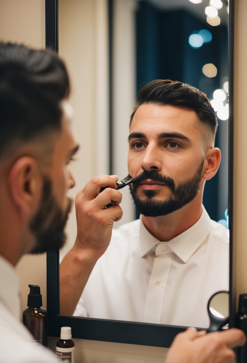 A man carefully trims his facial hair in front of a mirror, preparing for his wedding day