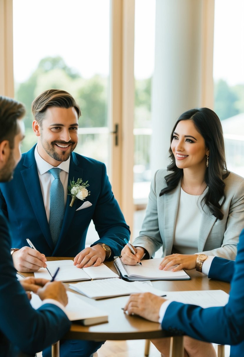 A planner and a couple sit at a table, discussing a guest list and wedding venues. The planner takes notes as the couple shares their ideas