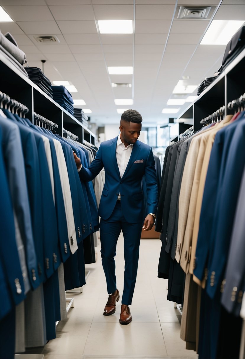 A man browsing through racks of suits in a well-lit, spacious menswear store. Various styles and colors are on display