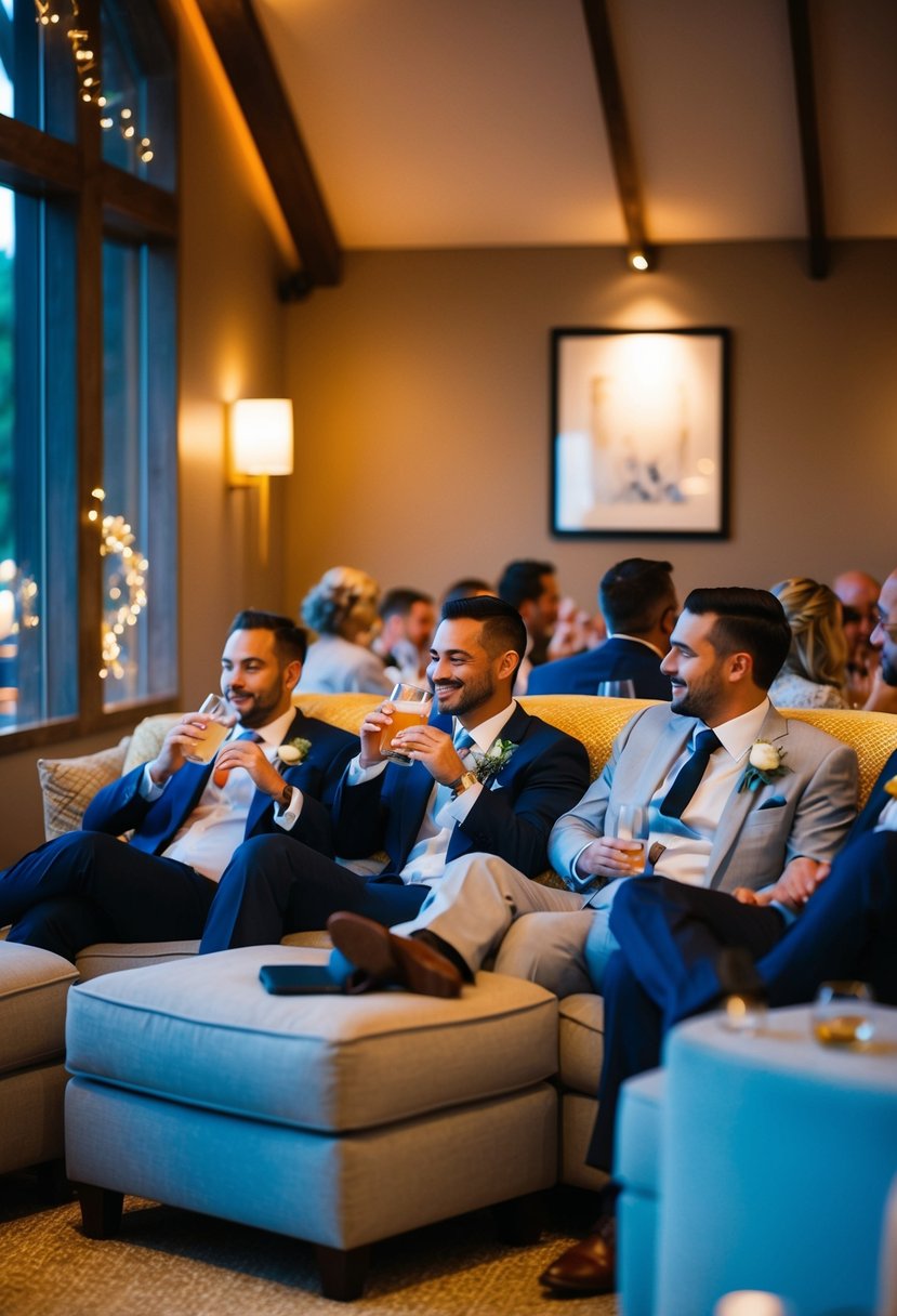 Guests lounging in plush seating, sipping drinks in a cozy, well-lit corner of the wedding venue. Soft music and warm lighting create a welcoming atmosphere