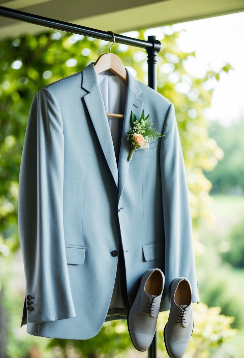 A light fabric suit hangs on a hanger next to a pair of dress shoes and a boutonniere, ready for a spring/summer wedding