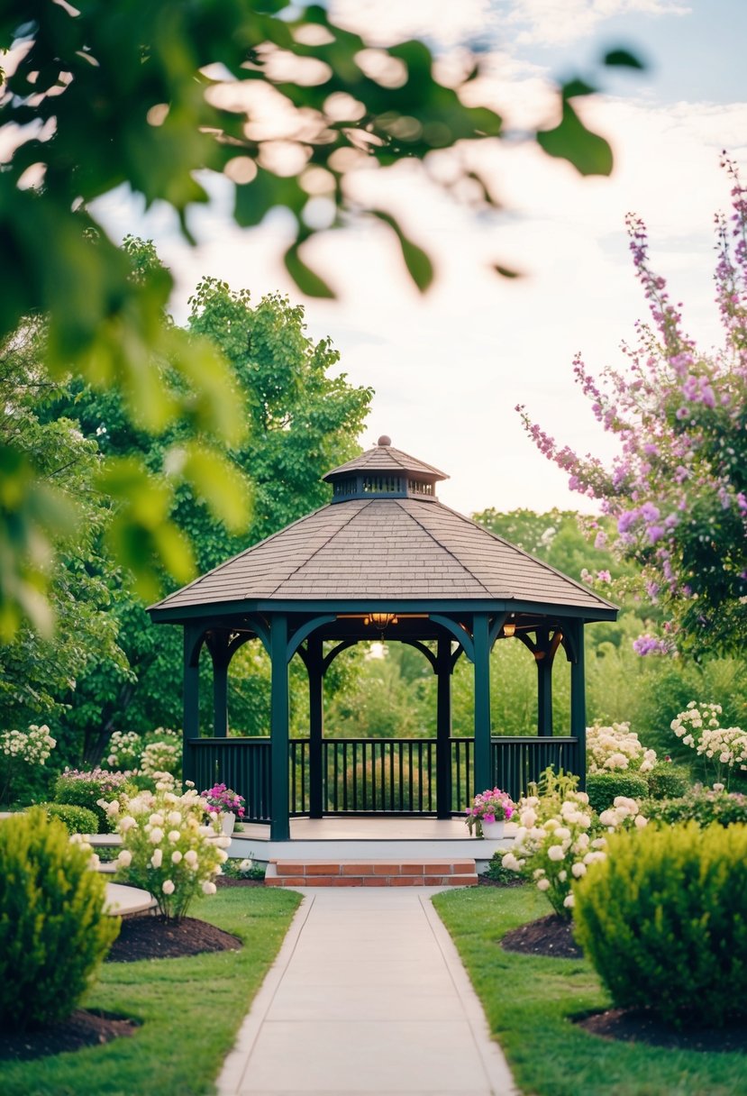 A cozy outdoor wedding venue with a charming gazebo, surrounded by lush greenery and blooming flowers, creating an intimate and romantic setting