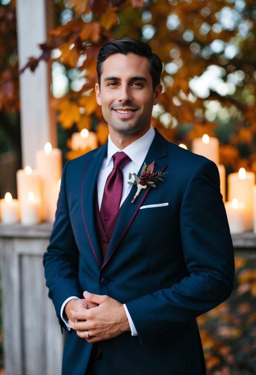 A groom's suit and tie in deep navy and burgundy, set against a backdrop of autumn leaves and candlelit ambiance