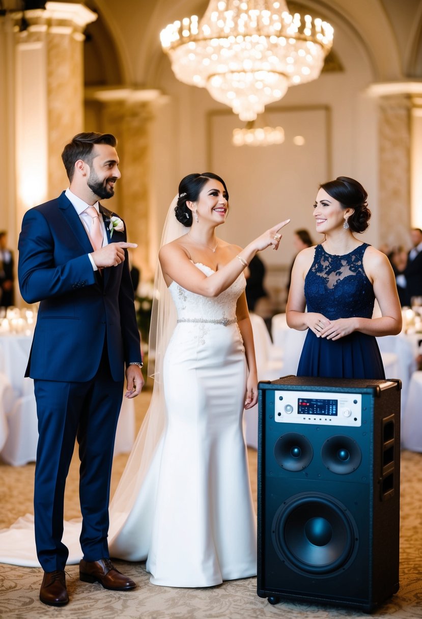 A bride and groom stand in a grand wedding venue, gesturing towards a sleek sound system while speaking with a venue staff member