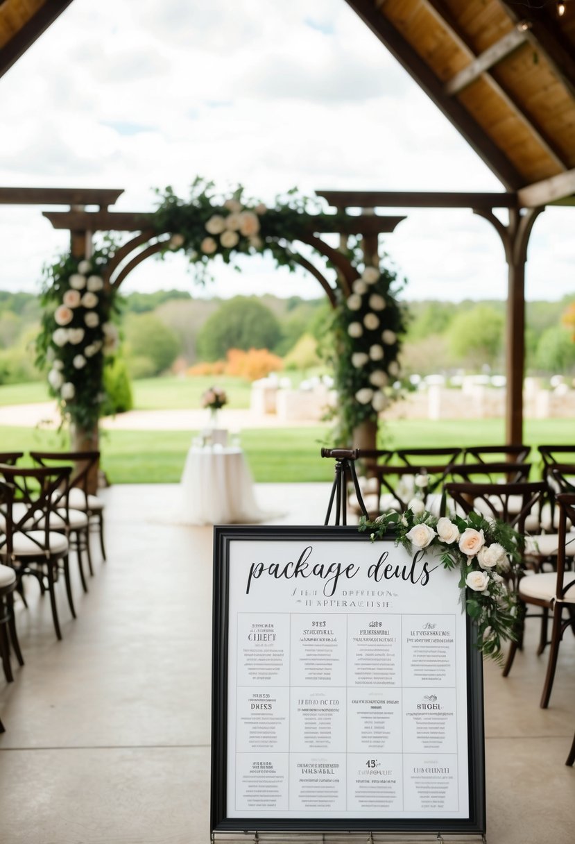 A charming wedding venue with a picturesque outdoor setting, elegant indoor reception area, and a variety of package deals displayed on a sign