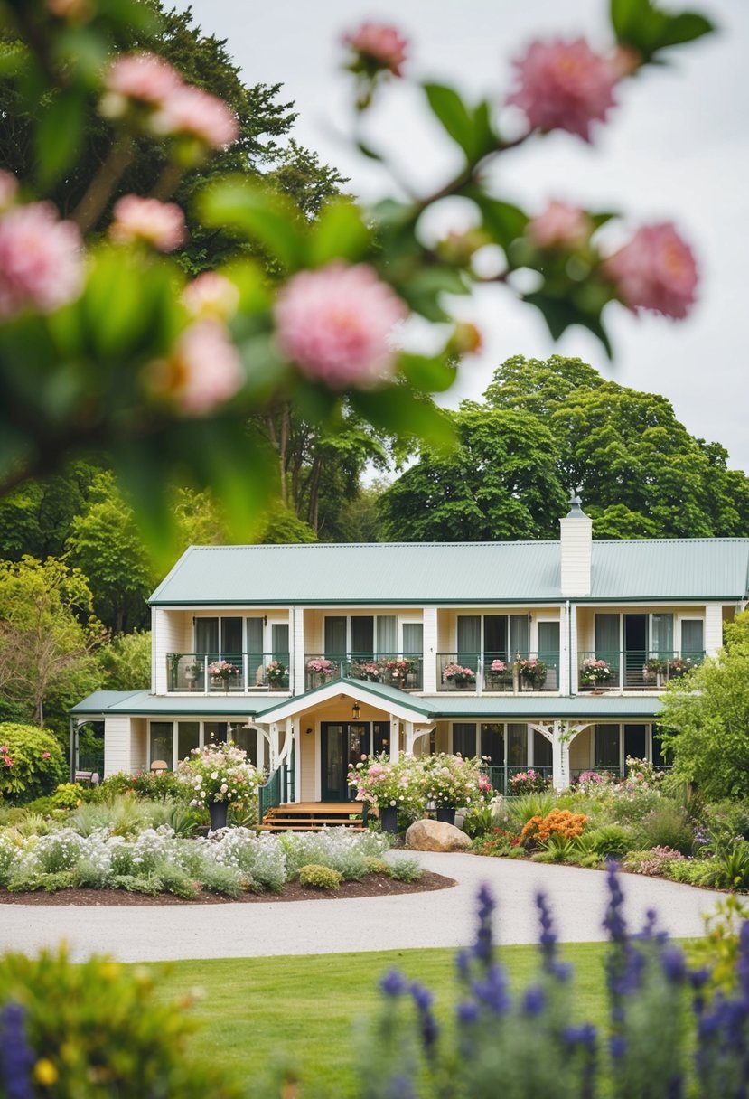 A picturesque wedding venue with cozy onsite accommodation options surrounded by lush greenery and blooming flowers