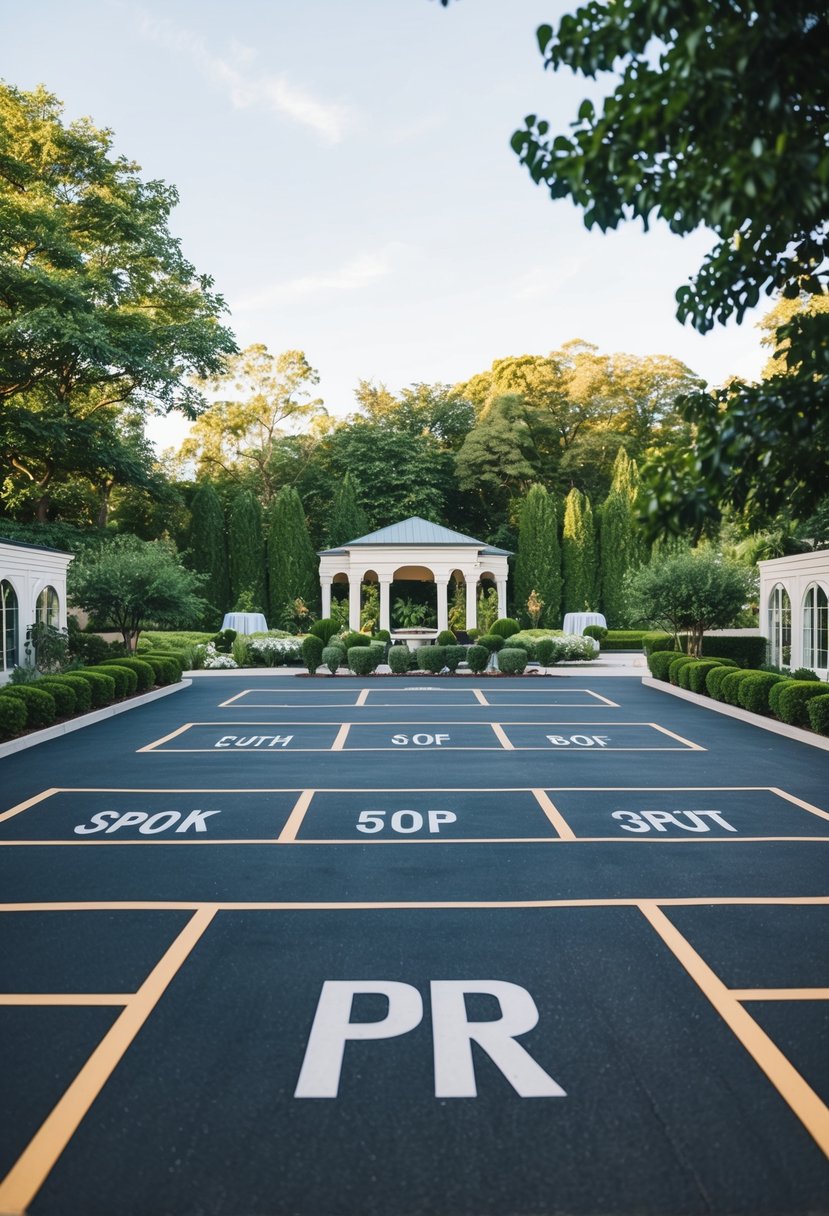 A spacious parking lot with designated spots for guests at a picturesque wedding venue. Lush greenery and elegant architecture surround the area