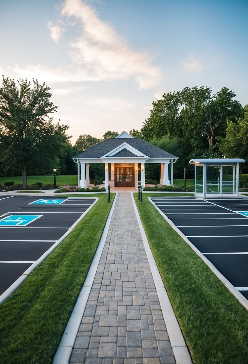 A wedding venue with a paved pathway leading to the entrance, surrounded by accessible parking spaces and a nearby bus stop