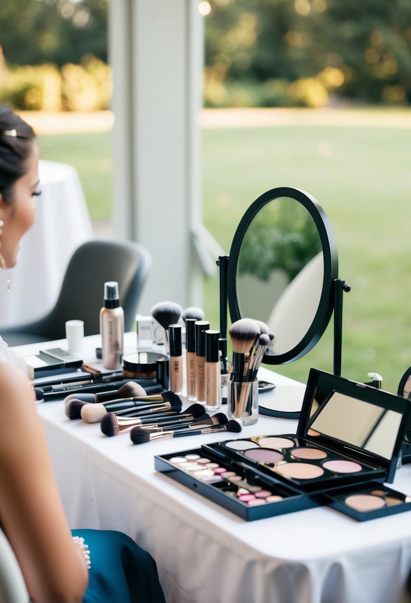 A table with various makeup products and tools arranged neatly, with a mirror and a comfortable chair nearby for the wedding guest to use