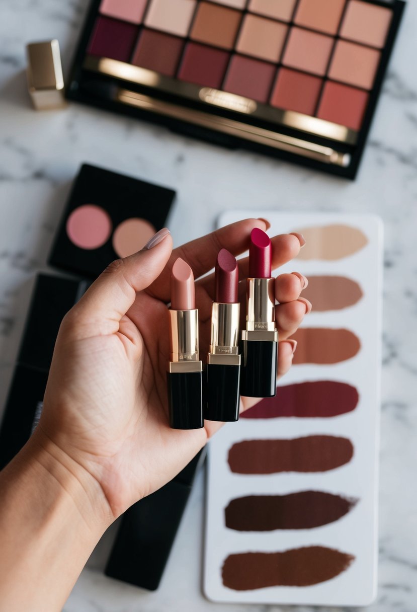 A hand holding different lipstick shades next to swatches of various skin tones