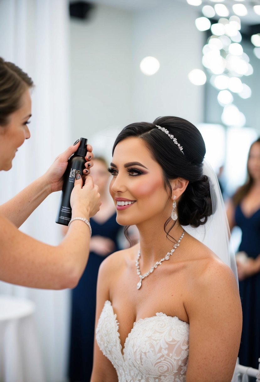 A makeup artist sprays a bride's finished look with a long-lasting setting spray for a wedding guest