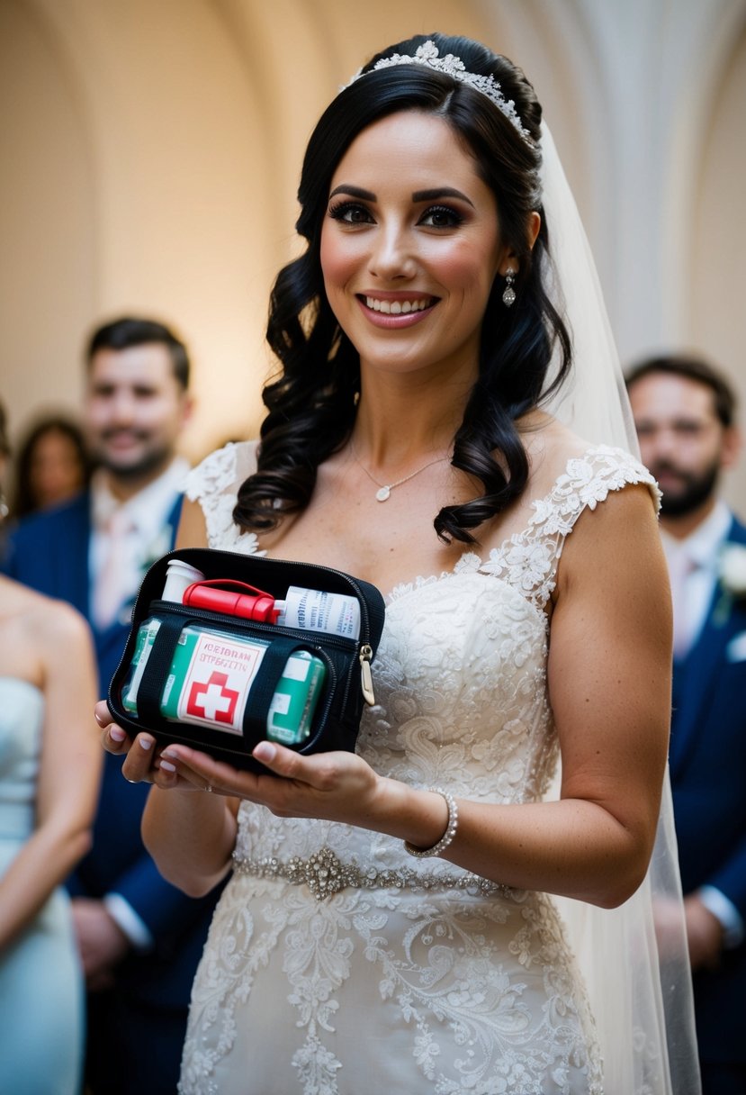 A bride holding a small emergency kit with period supplies, discreetly tucked away in her bridal clutch. She smiles confidently as she prepares to walk down the aisle