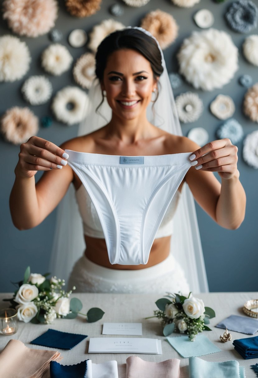 A bride holds up a pair of soft, breathable underwear while surrounded by various fabric swatches and wedding accessories