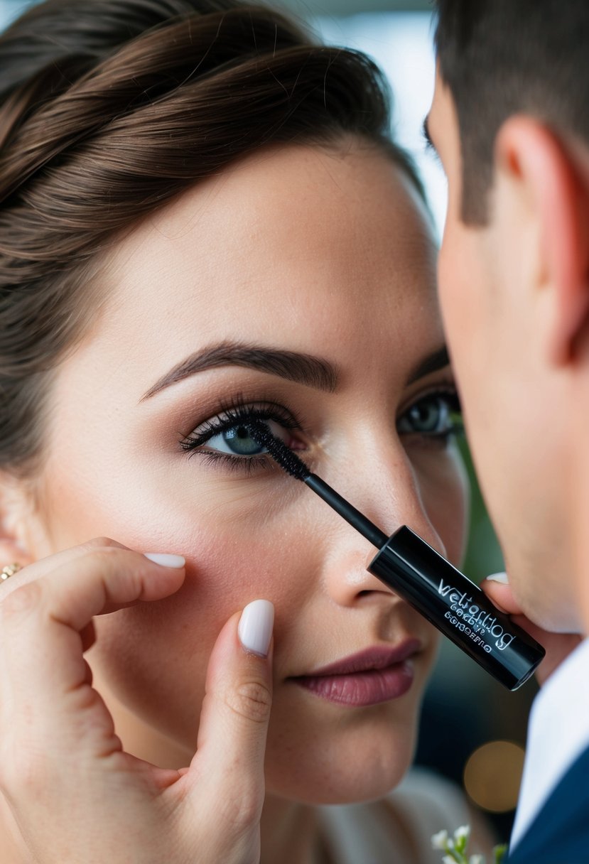 A close-up of a wedding guest's eye applying waterproof mascara