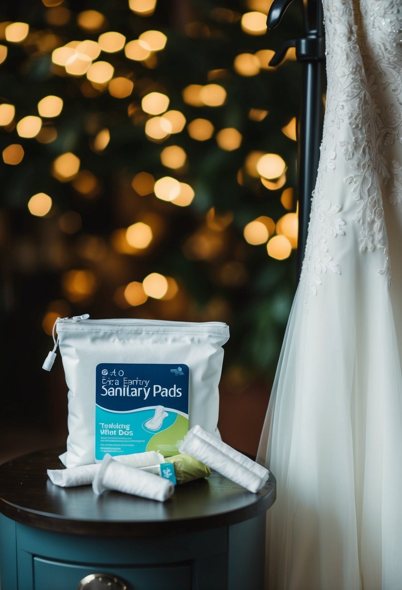 A small bag with extra sanitary pads and tampons next to a wedding dress on a hanger