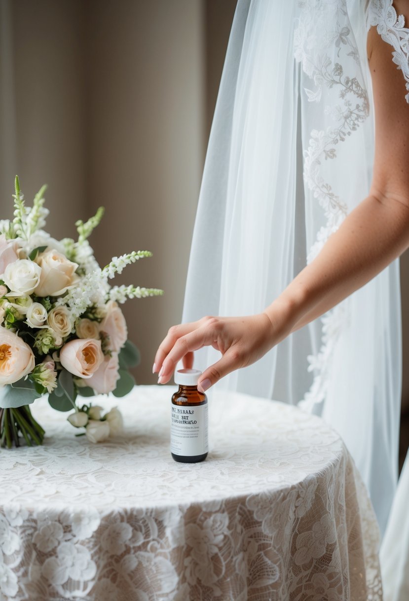 A bride's hand reaching for a bottle of pain relief medication on a delicate lace-covered table, surrounded by a bouquet of flowers and a wedding veil