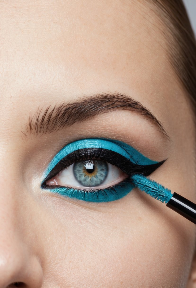 A close-up of a bold colored eyeliner application on a clean, neutral background