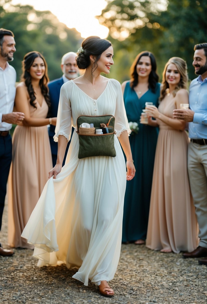 A bride in a flowing, comfortable dress carries a discreet pouch with period supplies, surrounded by supportive friends