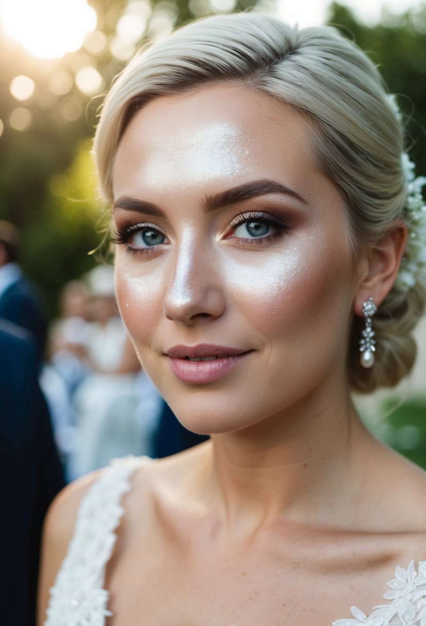 A wedding guest's face with pearl-like highlighter creating a radiant glow