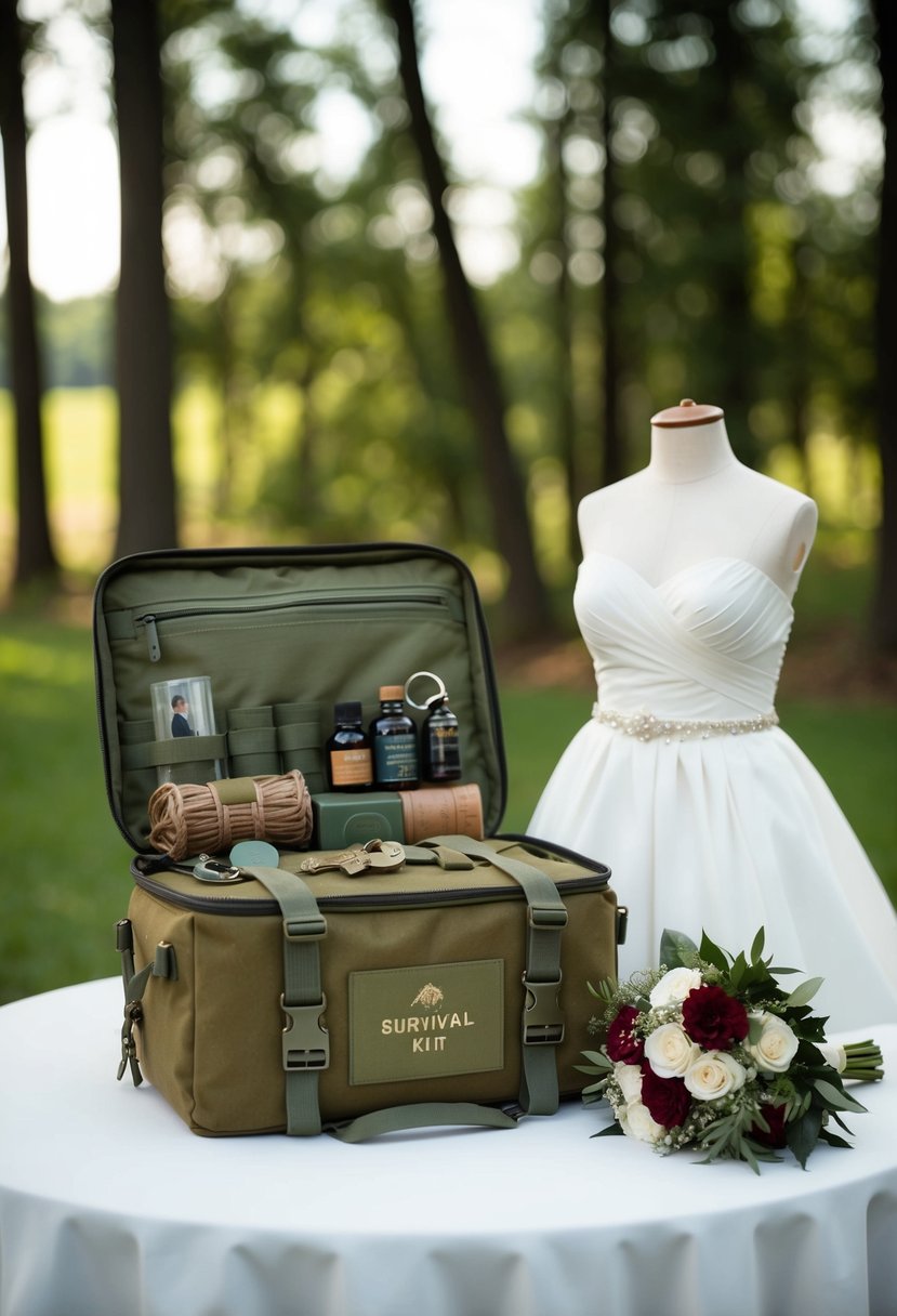 A survival kit with period essentials displayed next to a wedding dress and bouquet