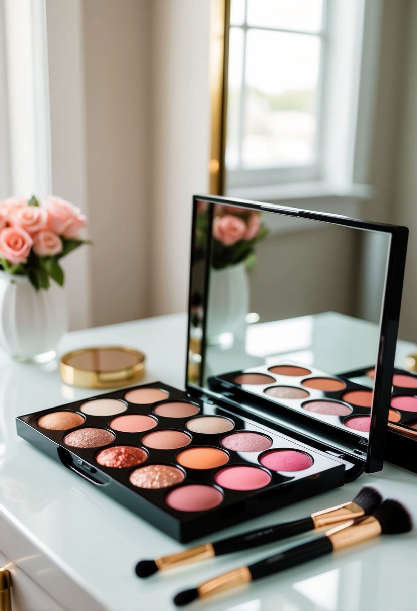 A makeup palette with strawberry hues, brushes, and a mirror on a clean, well-lit vanity