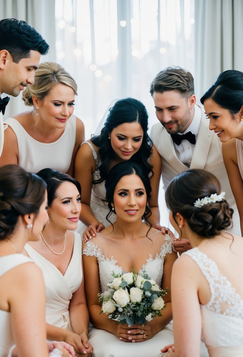 Bridal party members gather around a bride, offering support and advice. A calm and empathetic atmosphere prevails