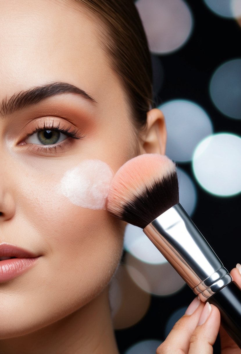 A makeup brush applies cream blush to a smooth, glowing cheek