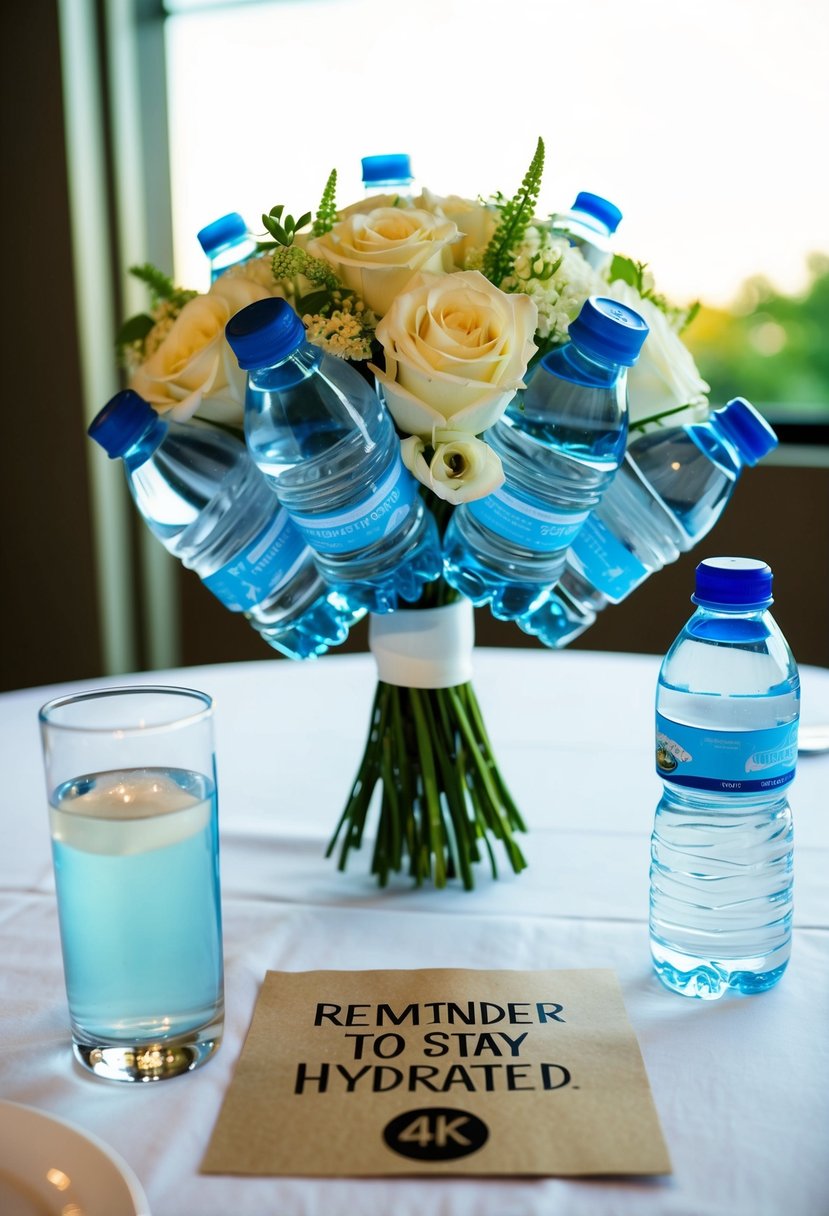 A bride’s bouquet of water bottles and a glass of water on a table, with a reminder note to stay hydrated