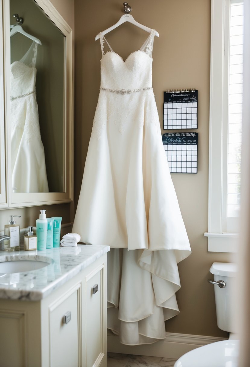 A bride’s elegant wedding dress hangs in a luxurious bathroom, with a calendar marking regular breaks highlighted. Feminine hygiene products are neatly arranged on the counter