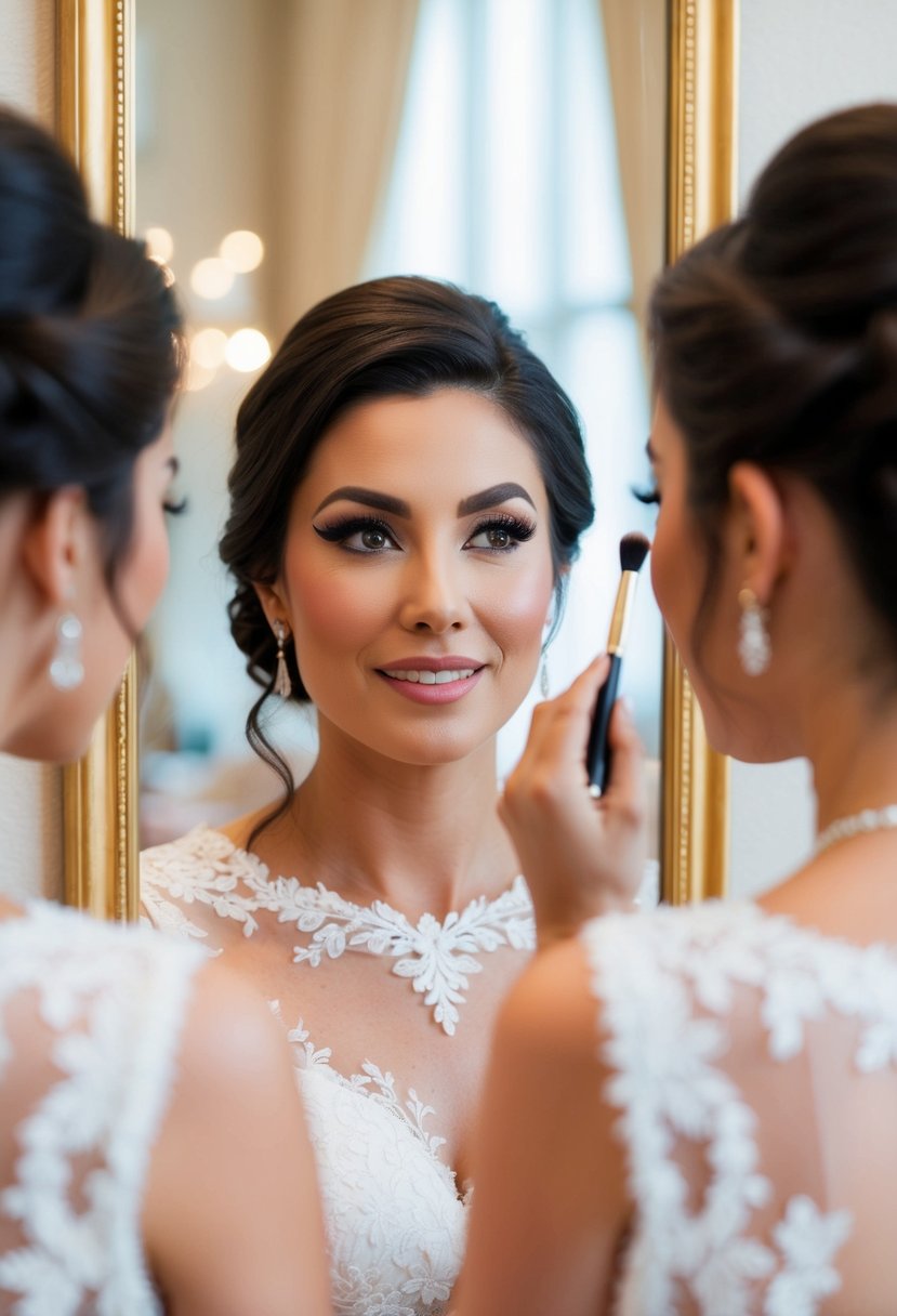 An elegant wedding guest with winged eyeliner, looking into a mirror for makeup tips