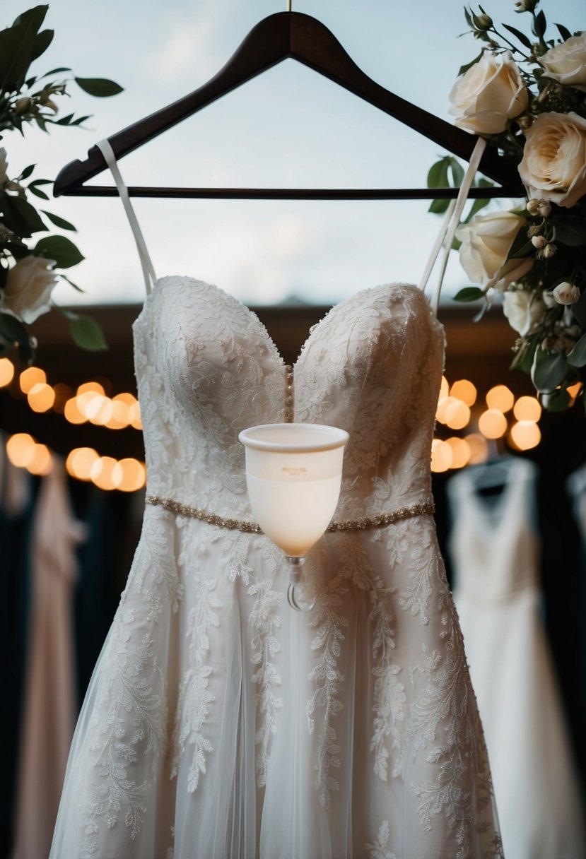 A wedding dress hanging on a hanger with a menstrual cup placed discreetly in the background, surrounded by other wedding day essentials