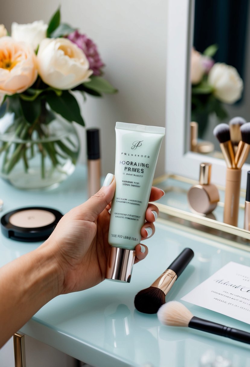 A hand holding a hydrating primer tube next to a makeup brush and a wedding invitation on a clean, organized vanity table