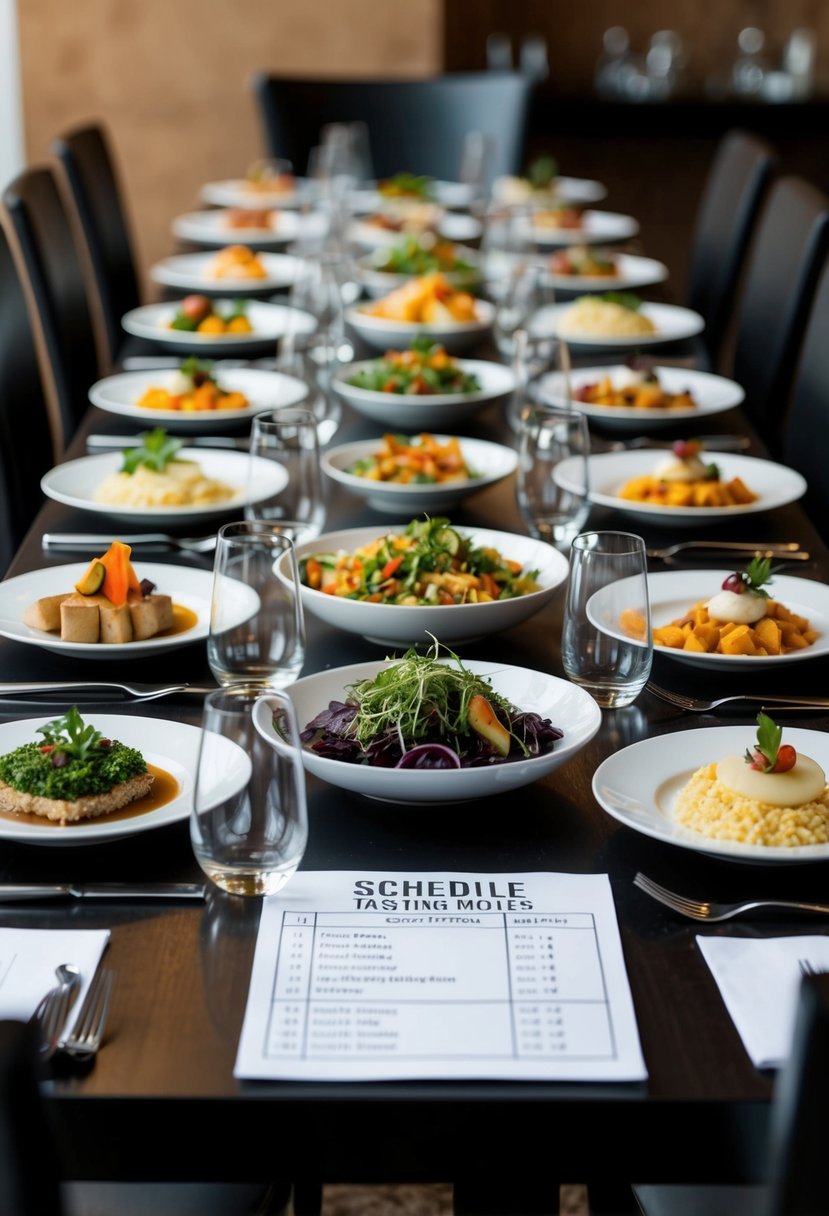 A table set with a variety of dishes, surrounded by chairs. A schedule and tasting notes sit on the table